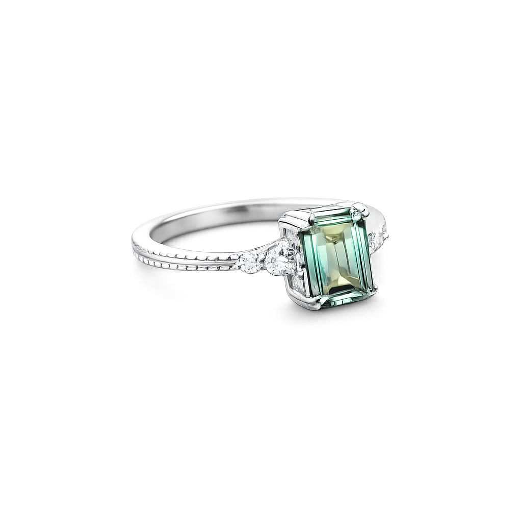 925 Sterling Silver Emerald Cut Prasiolite and Moissanite Engagement Ring- - GEMPARA