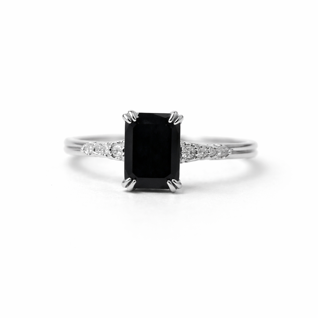 Emerald-Cut Black Onyx & Moissanite Ring in 925 Sterling Silver - GEMPARA