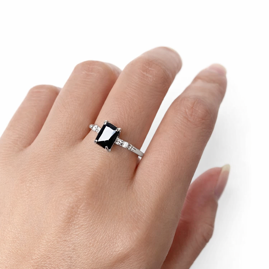 Emerald-Cut Black Onyx & Moissanite Ring in 925 Sterling Silver - GEMPARA