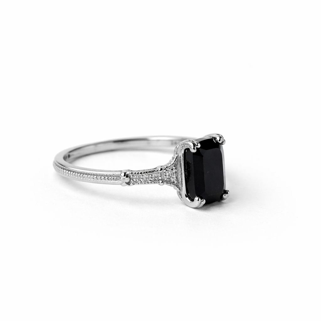 Emerald-Cut Black Onyx & Moissanite Ring in 925 Sterling Silver - GEMPARA