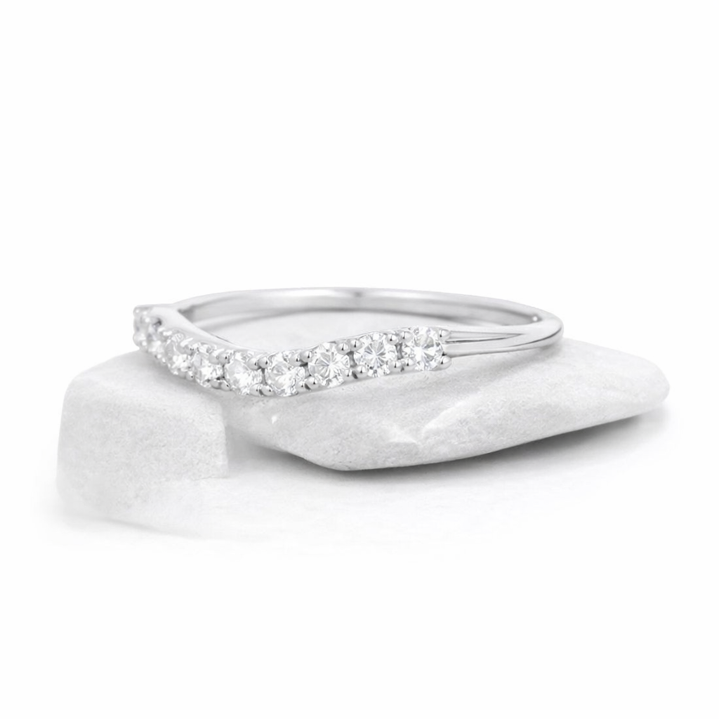 Curved Moissanite V Wedding Band 925 Sterling Silver - GEMPARA