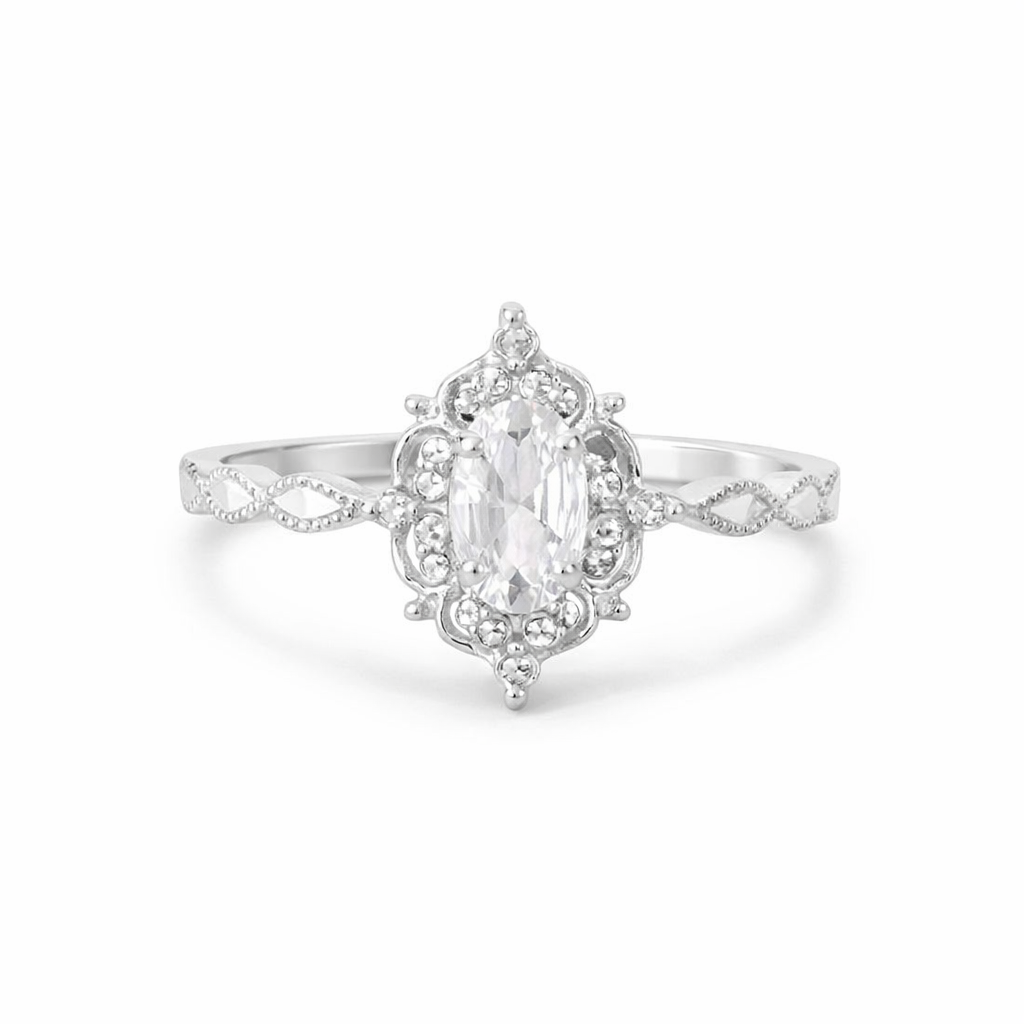 925 Sterling silver Oval Moissanite Vintage Halo Ring - GEMPARA