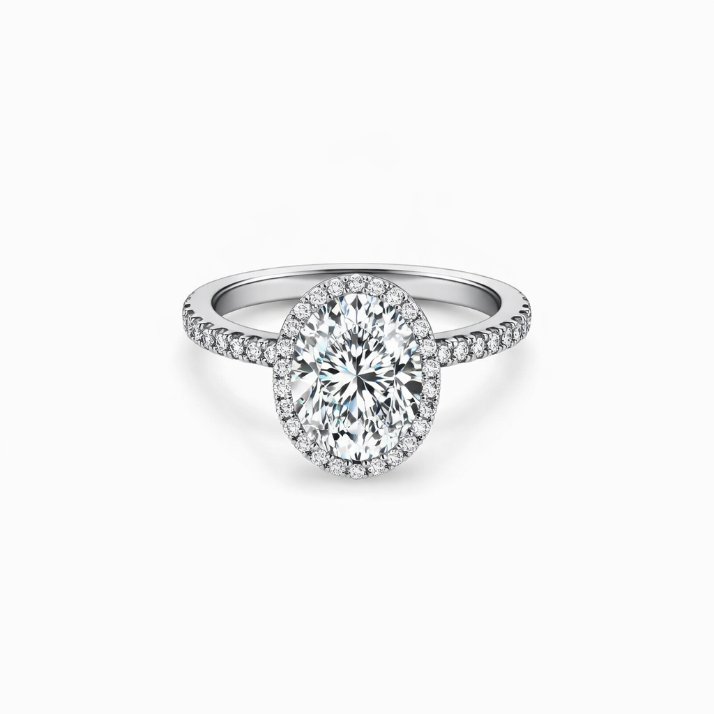 925 Sterling Silver Oval Moissanite Halo Engagement Ring - GEMPARA