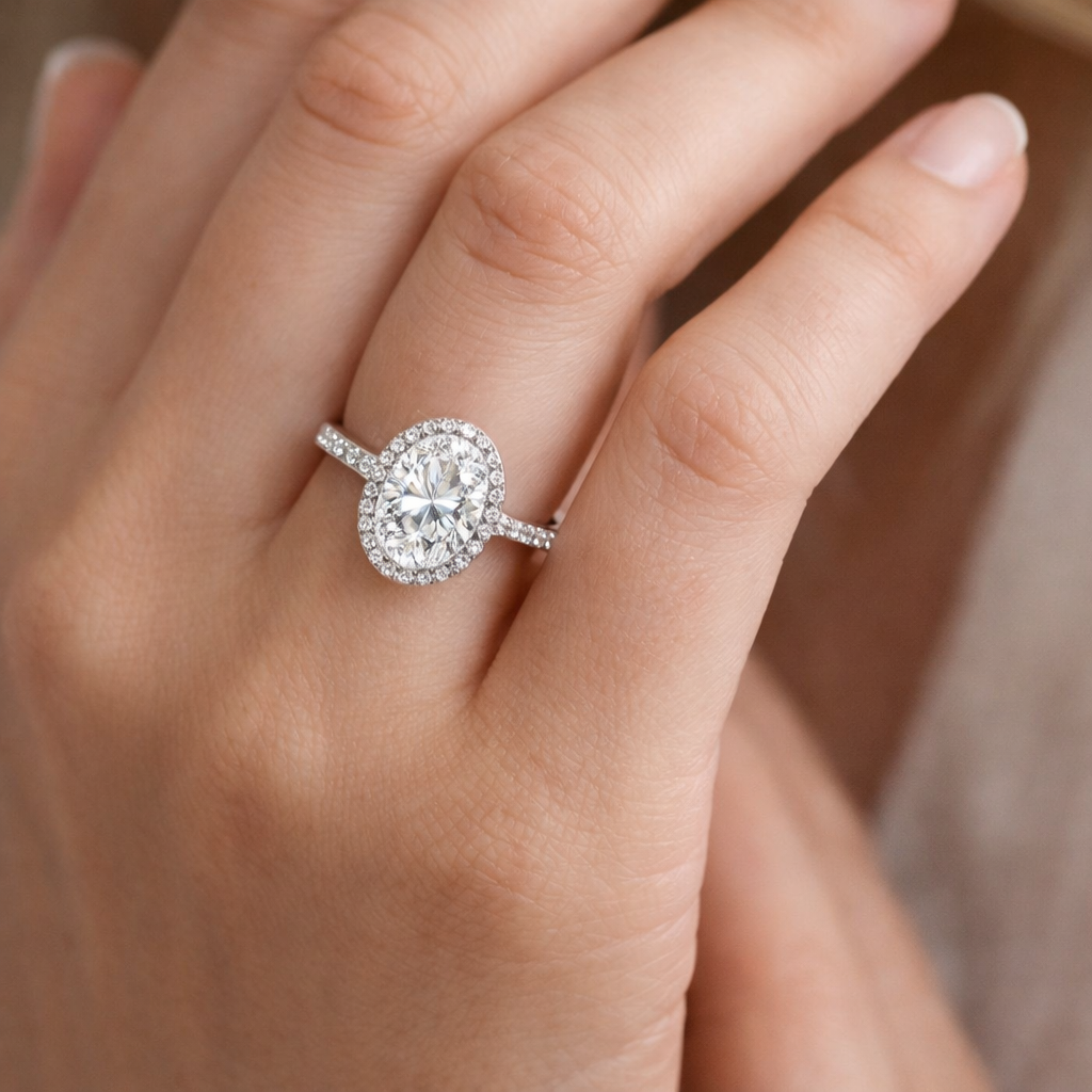 925 Sterling Silver Oval Moissanite Halo Engagement Ring - GEMPARA