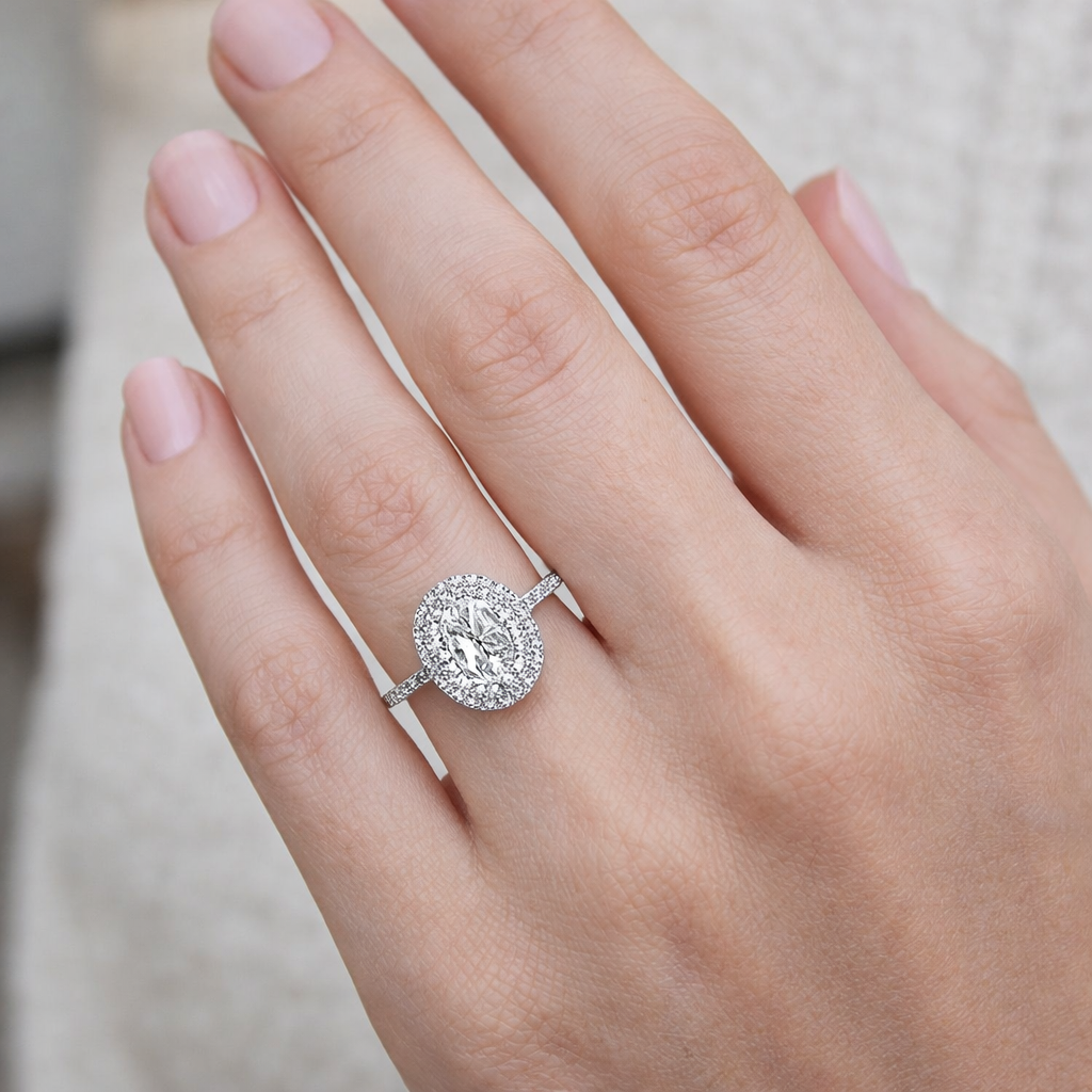 925 Sterling Silver Oval Moissanite Halo Engagement Ring - GEMPARA