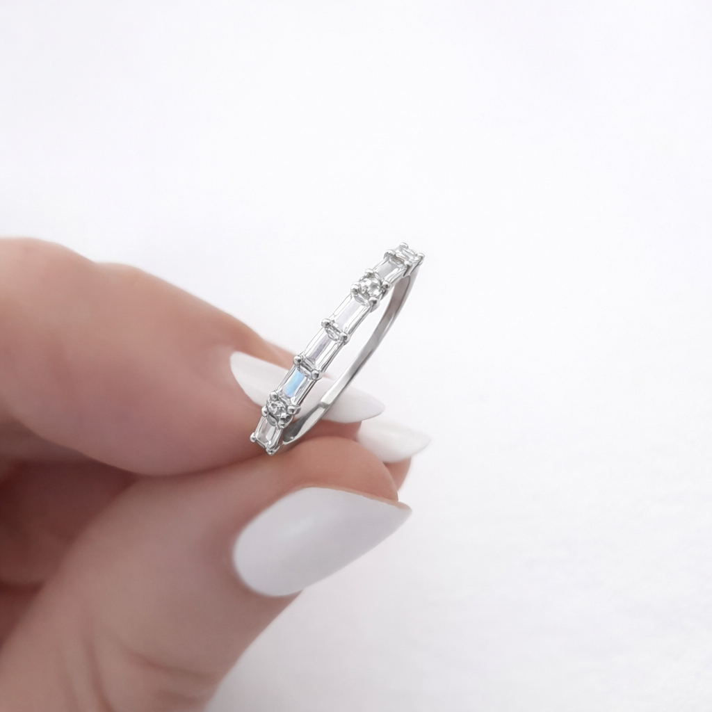 925 Sterling Baguette Moissanite Band with Round Accents - GEMPARA