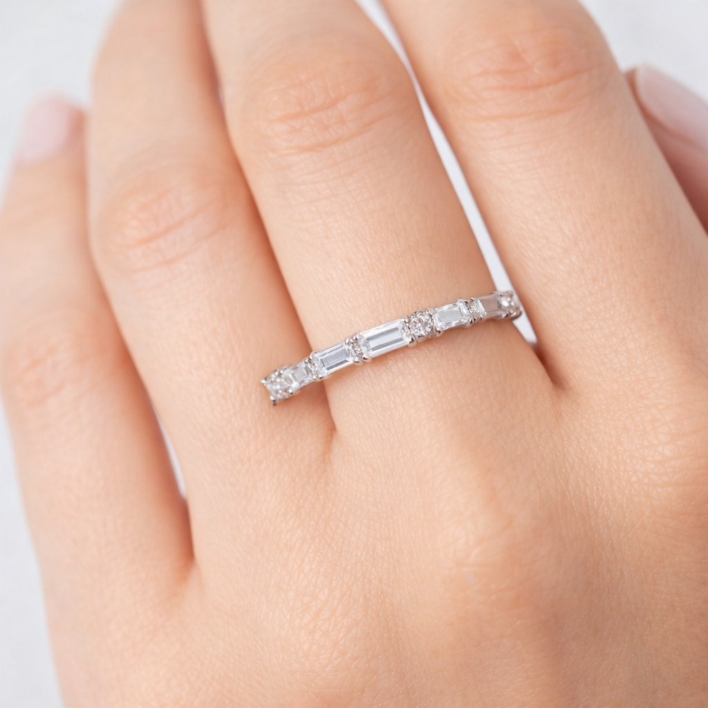 925 Sterling Baguette Moissanite Band with Round Accents - GEMPARA