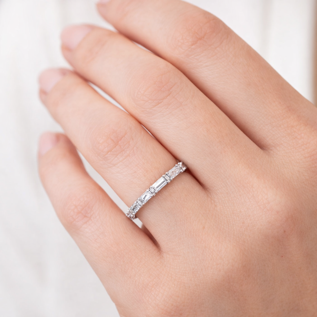 925 Sterling Baguette Moissanite Band with Round Accents - GEMPARA