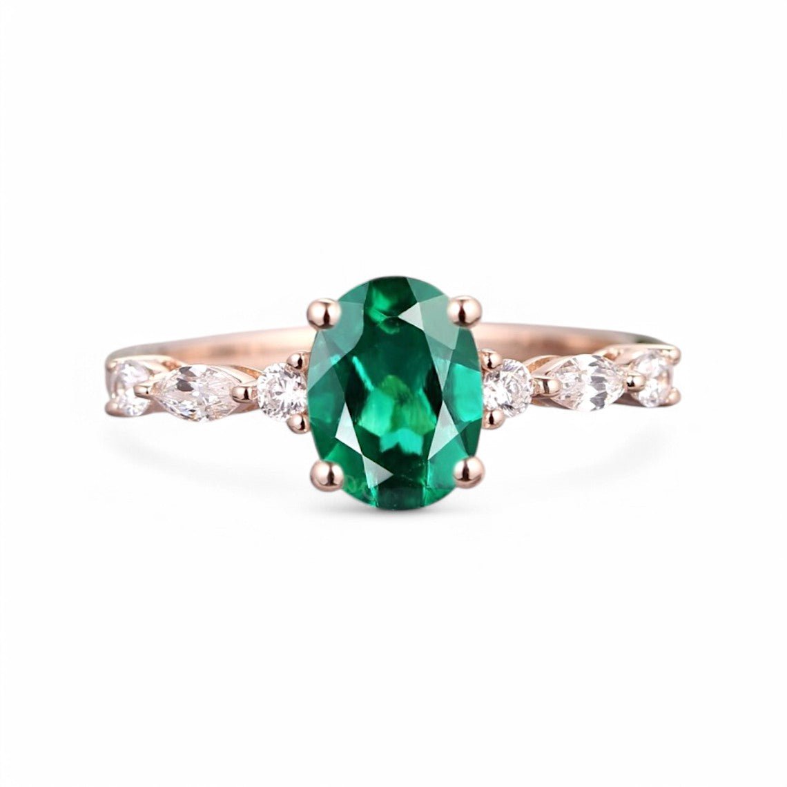 2CT Oval lab Emerald and Moissanite Ring - GEMPARA