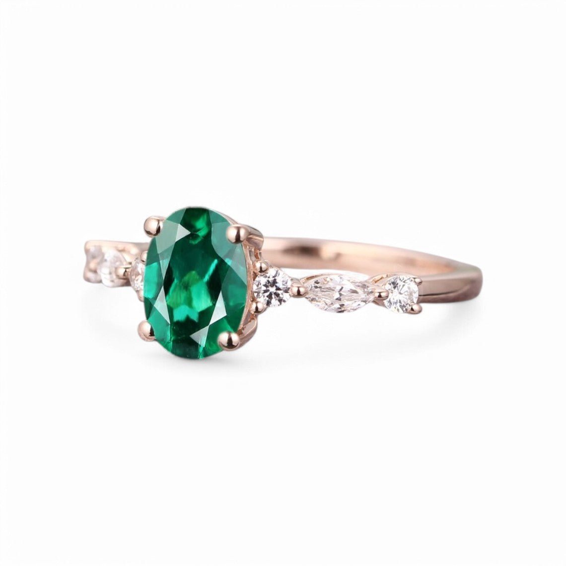 2CT Oval lab Emerald and Moissanite Ring - GEMPARA