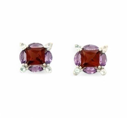 4CT Square Garnet Cluster Studs - GEMPARA