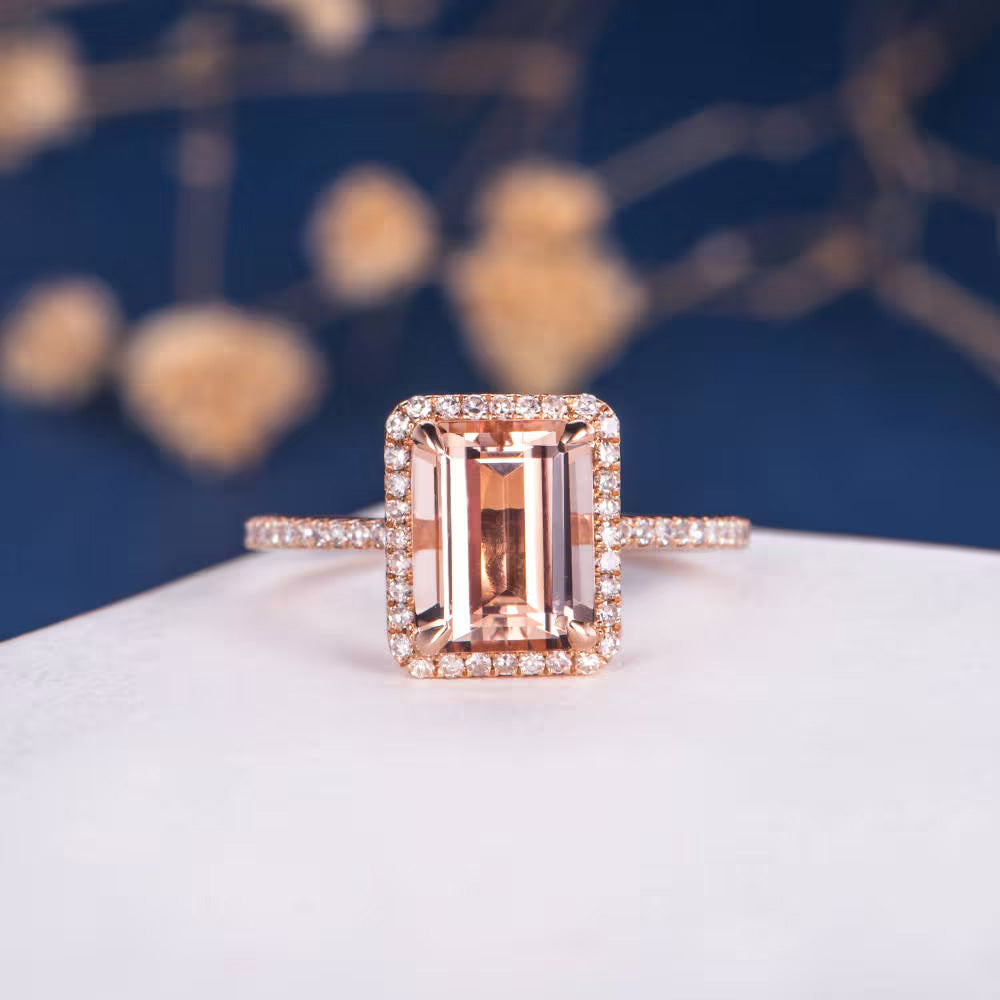 Rectangular Cushion Morganite Halo Engagement Ring - GEMPARA