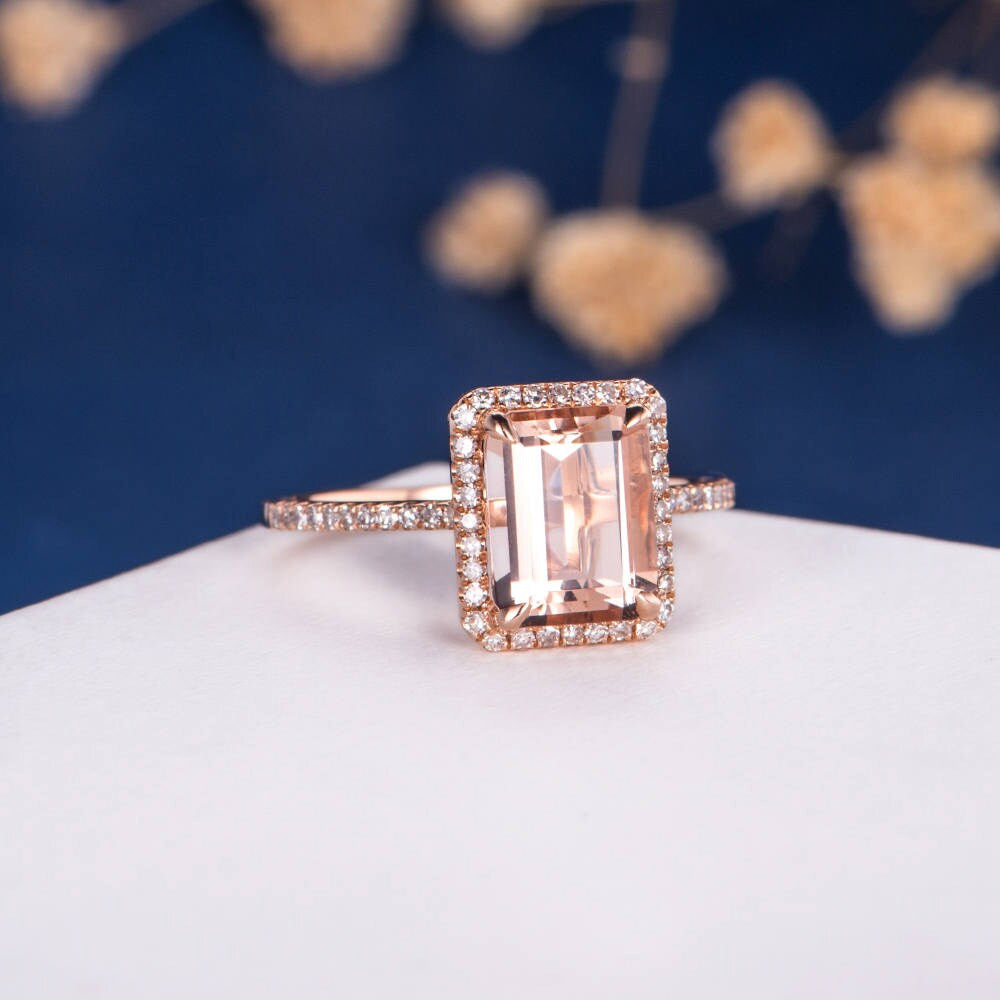 Rectangular Cushion Morganite Halo Engagement Ring