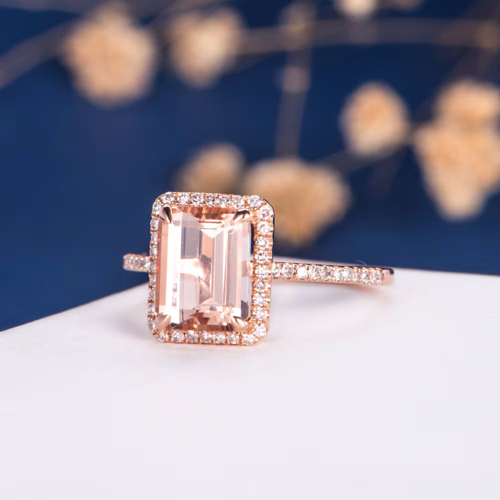 Rectangular Cushion Morganite Halo Engagement Ring