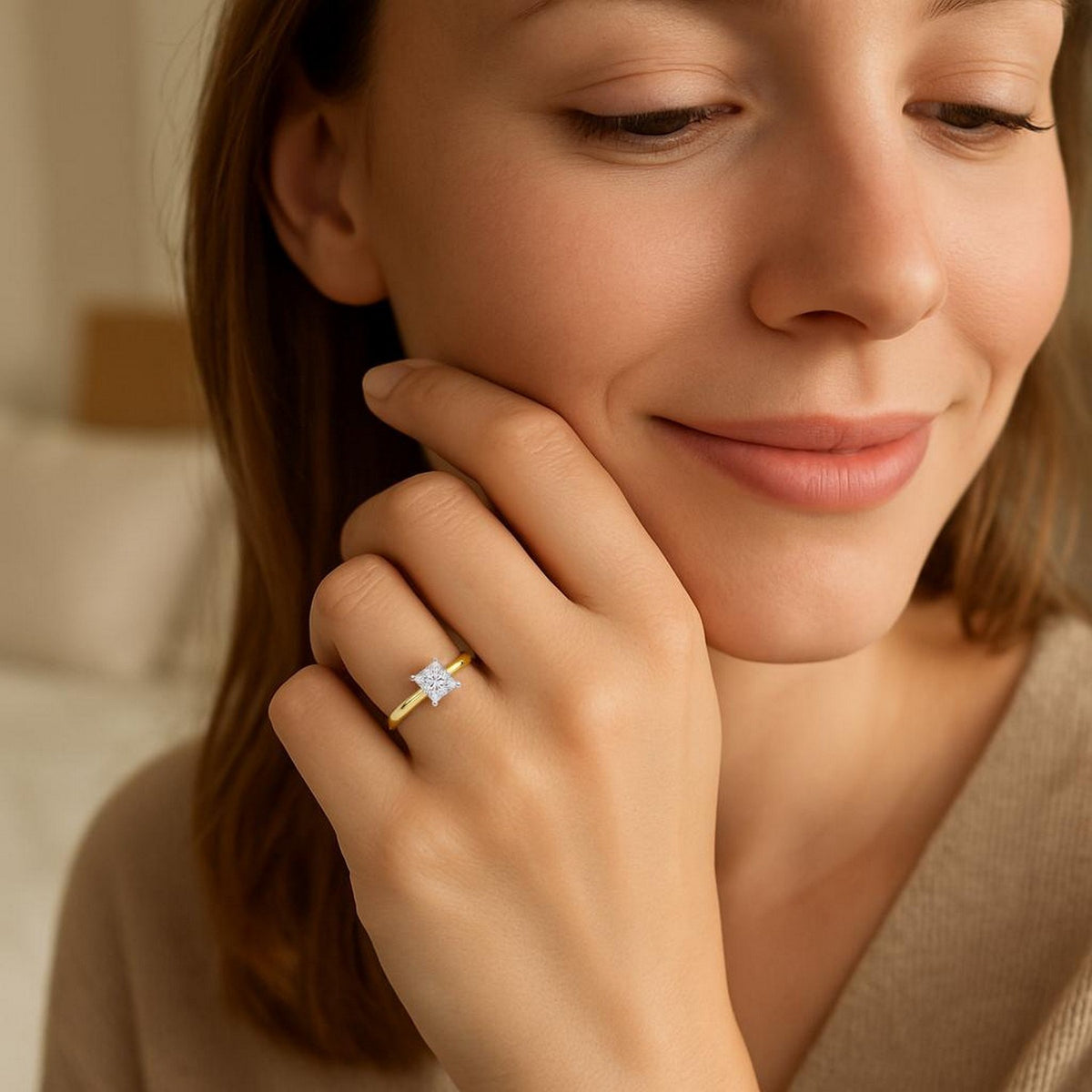 1 Carat Princess Lab Grown IGI G/VS1 Diamond Solitaire Ring in 14K Yellow Gold