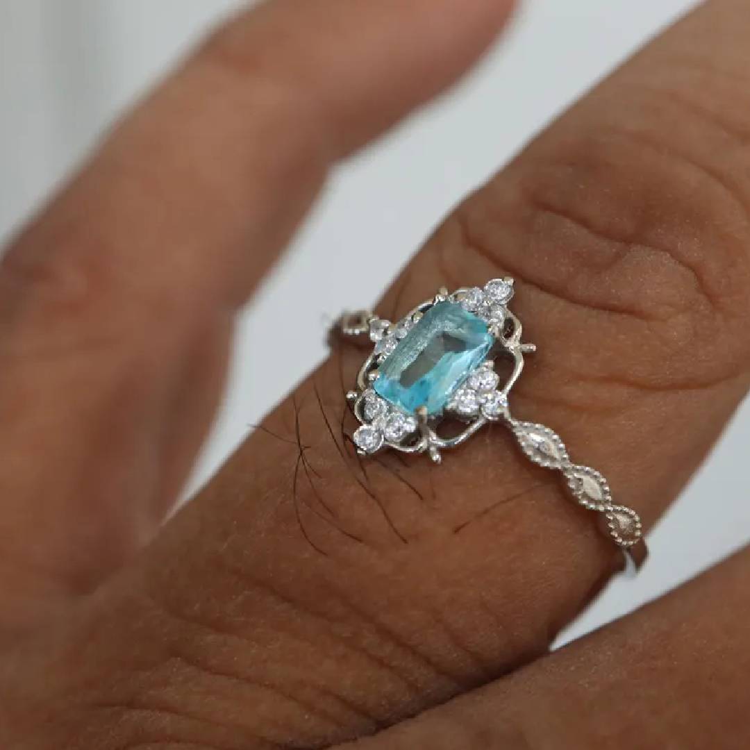 925 sterling silver Victorian Natural Aquamarine Engagement Ring - GEMPARA