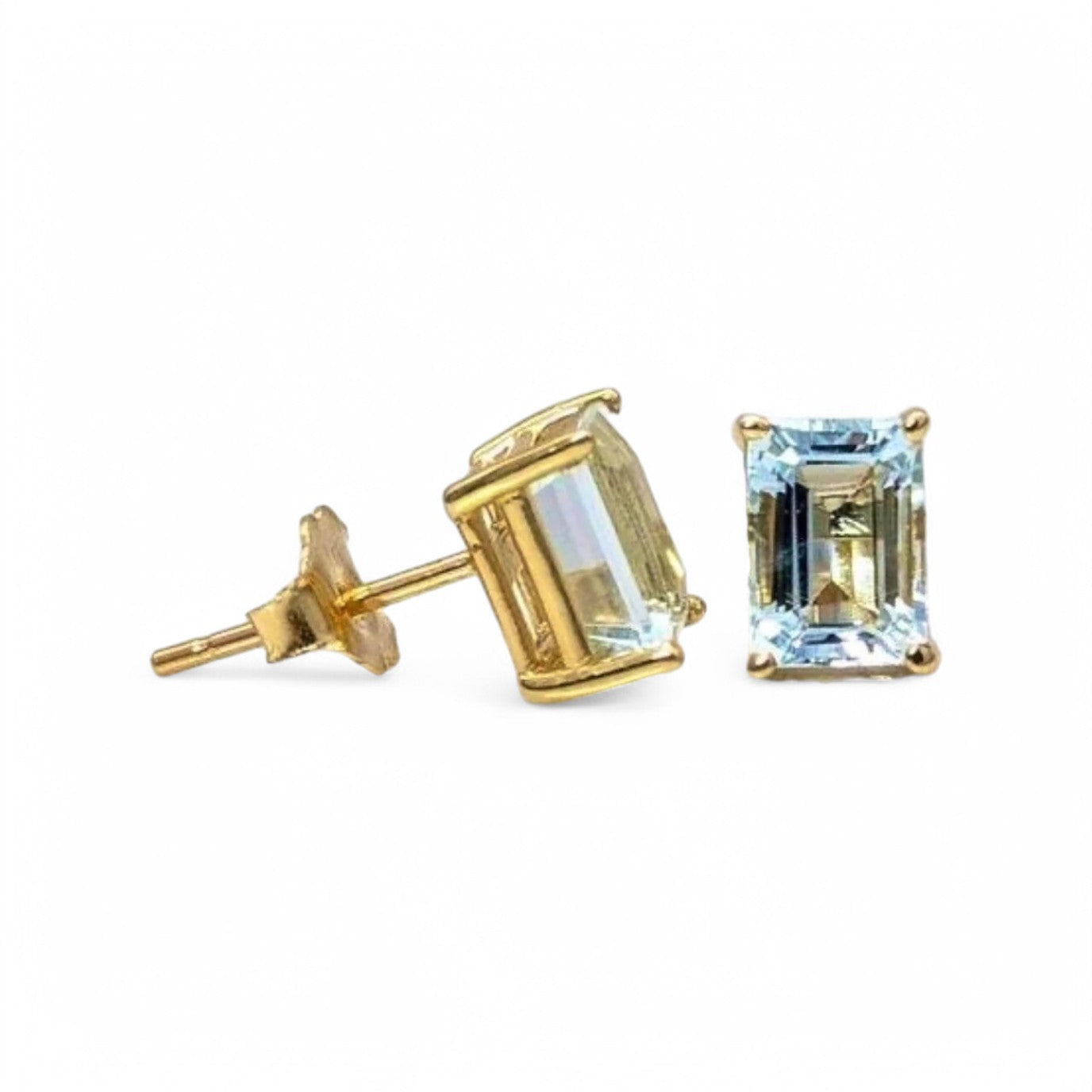 Emerald Cut Aquamarine Stud Earrings - GEMPARA