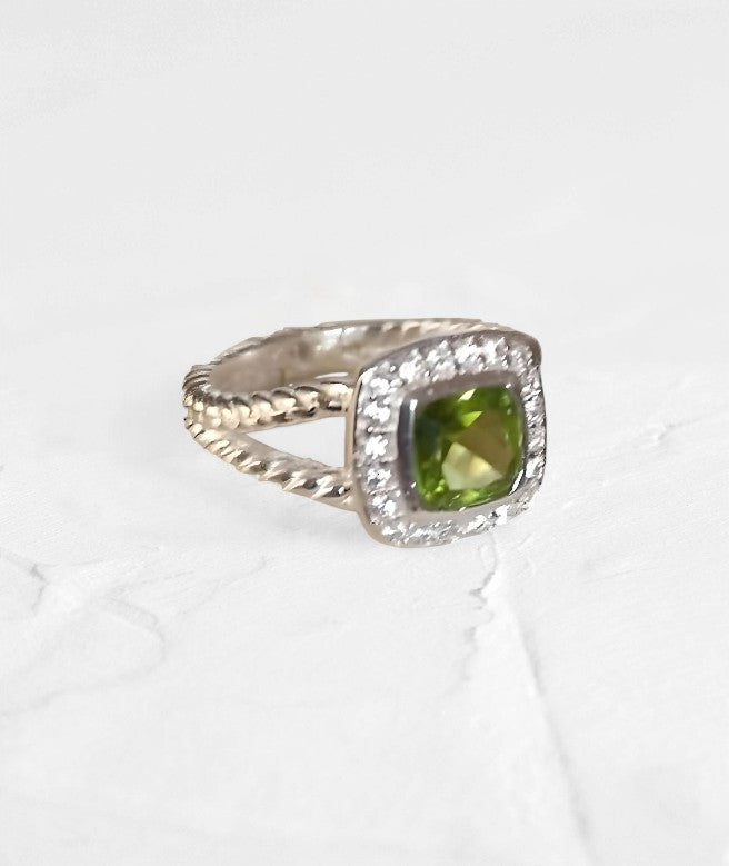 Peridot Cushion cut with Moissanite Halo Ring - GEMPARA