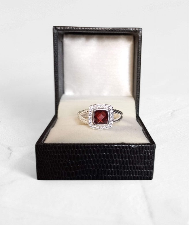 Cushion cut Garnet Sterling Silver Ring with Moissanite Halo - GEMPARA