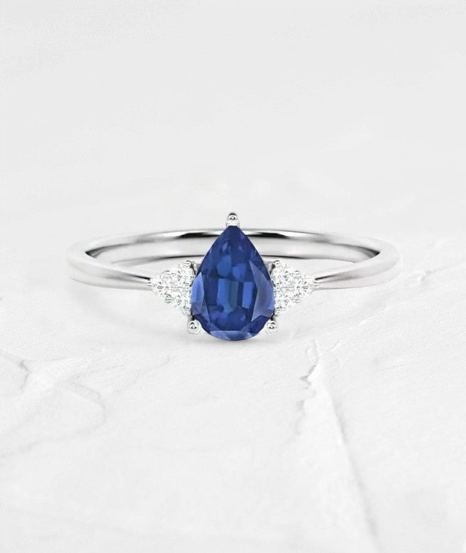 1 CT Pear cut  Lab Blue Sapphire Ring with Accents in Silver - GEMPARA