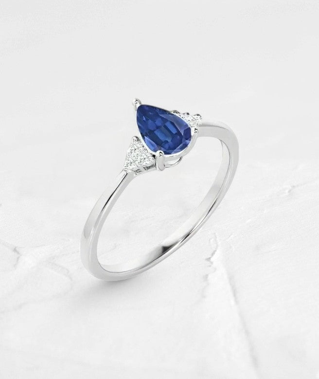 1 CT Pear cut  Lab Blue Sapphire Ring with Accents in Silver - GEMPARA