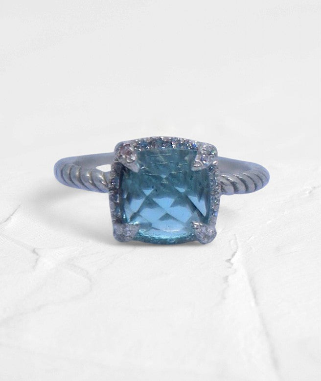 Blue Topaz Cushion cut Solitaire Ring with Moissanites - GEMPARA