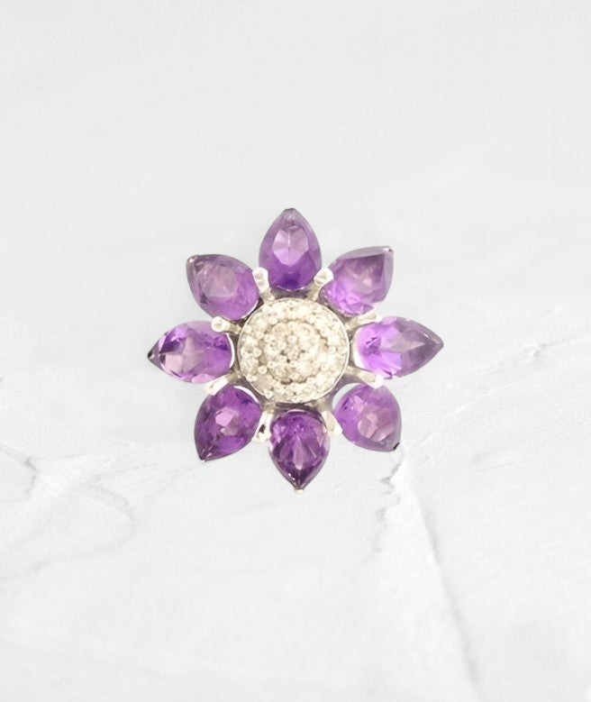 Silver 1CT Pear Amethyst  Ring  floral ring with white Topaz - GEMPARA