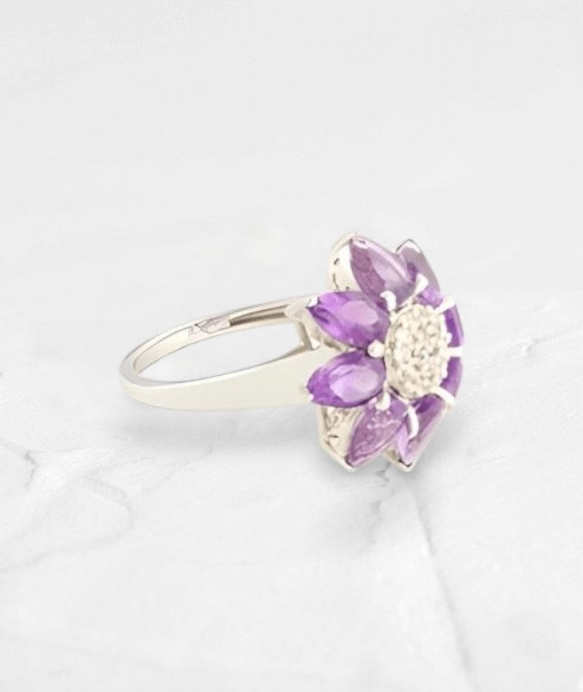 Silver 1CT Pear Amethyst  Ring  floral ring with white Topaz - GEMPARA