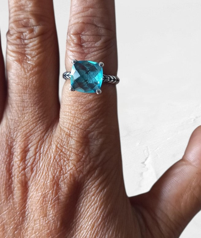 Blue Topaz Cushion cut Solitaire Ring - GEMPARA