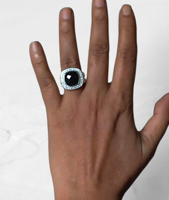 Black Onyx Medium Cushion cut  Moissanite Halo Ring - GEMPARA