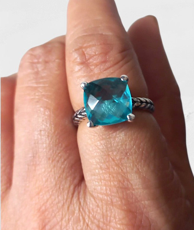 Blue Topaz Cushion cut Solitaire Ring - GEMPARA