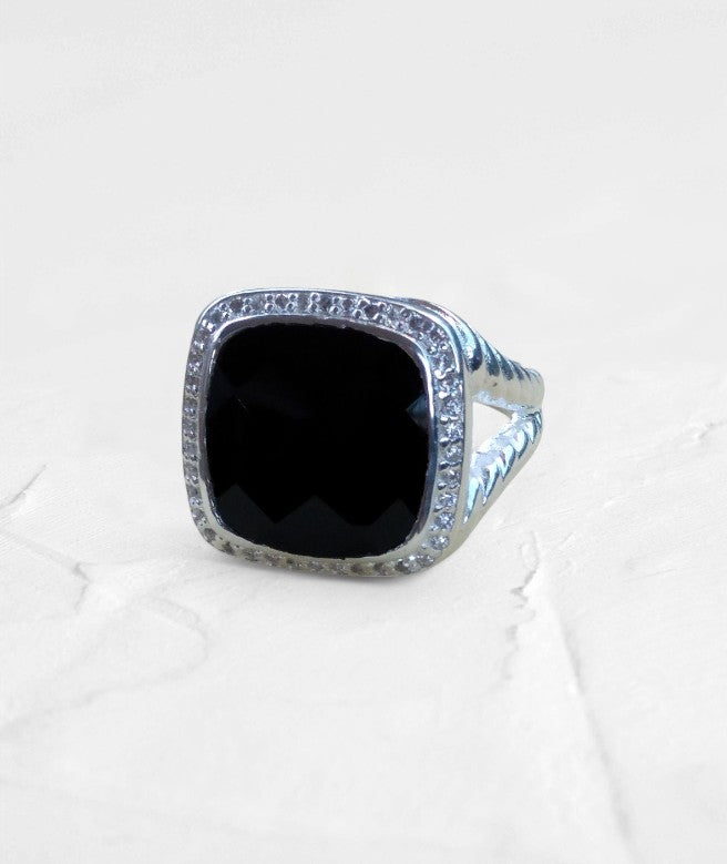 Black Onyx Large Cushion cut  Moissanite Halo Ring - GEMPARA