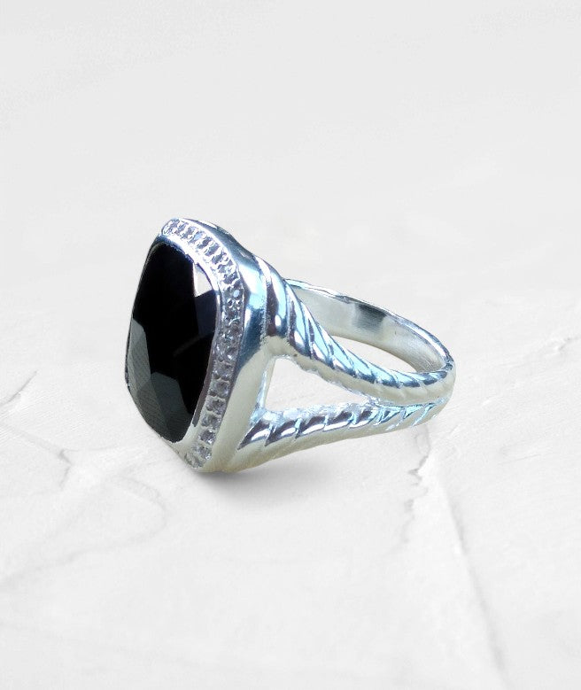 Black Onyx Large Cushion cut  Moissanite Halo Ring - GEMPARA