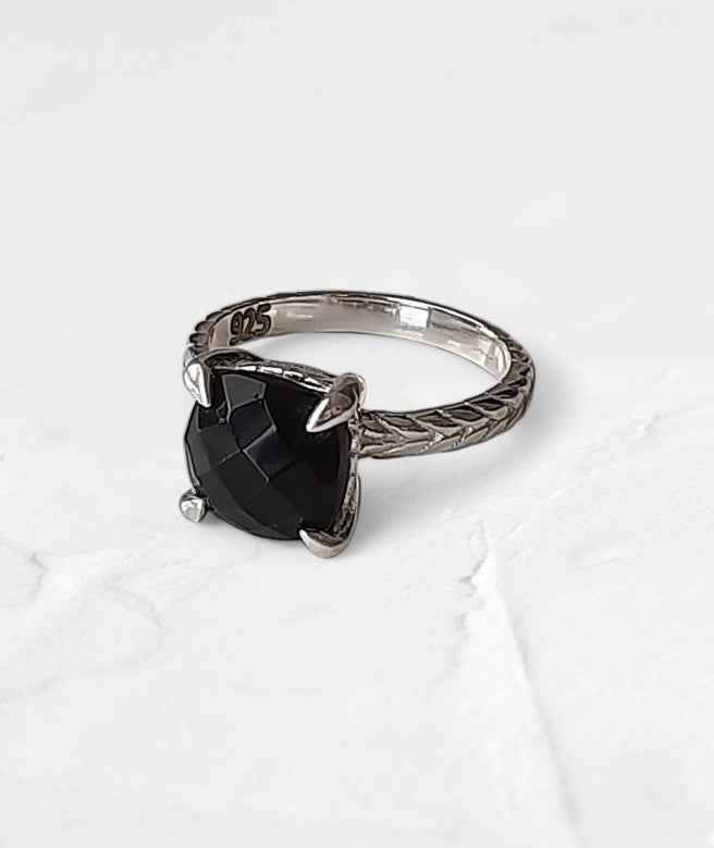Black Onyx Cushion cut Solitaire Ring with Moissanite - GEMPARA