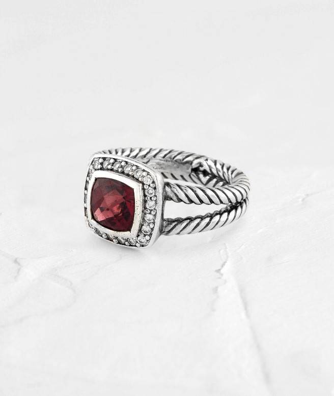 Cushion cut Garnet Sterling Silver Ring with Moissanite Halo - GEMPARA