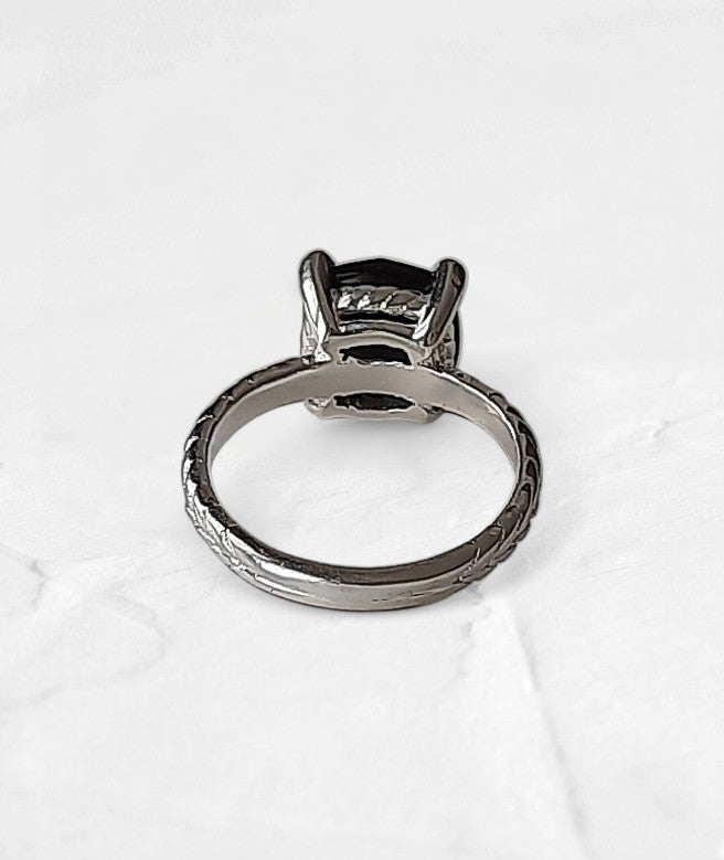Black Onyx Cushion cut Solitaire Ring with Moissanite - GEMPARA