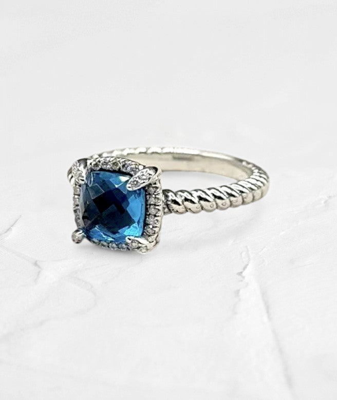 Blue Topaz Cushion cut Solitaire Ring with Moissanites - GEMPARA