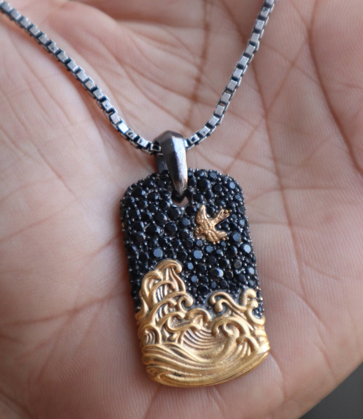 Round cut Pave Black Onyx Wave Tag Pendant