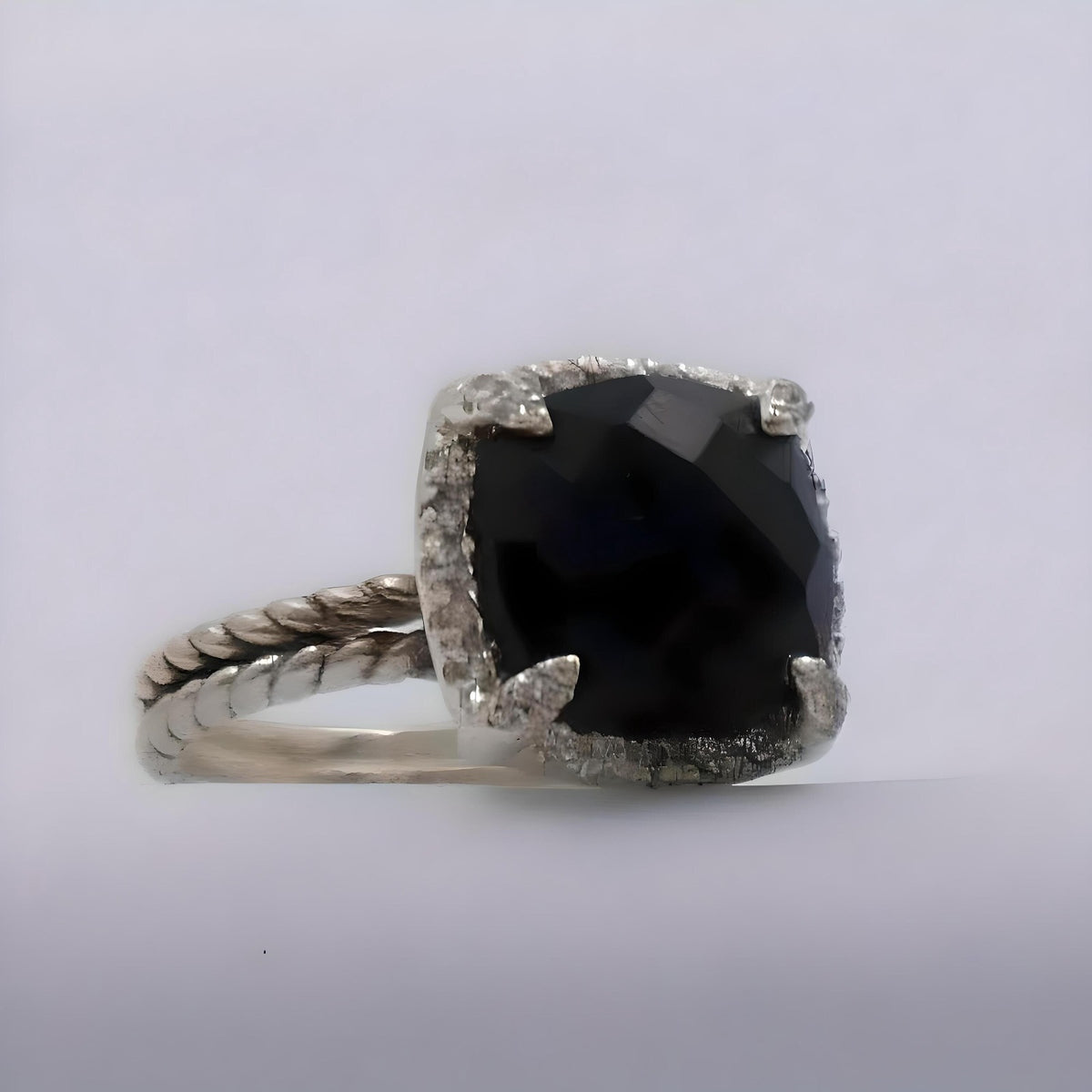 Black Onyx Cushion cut Solitaire Ring with Moissanite
