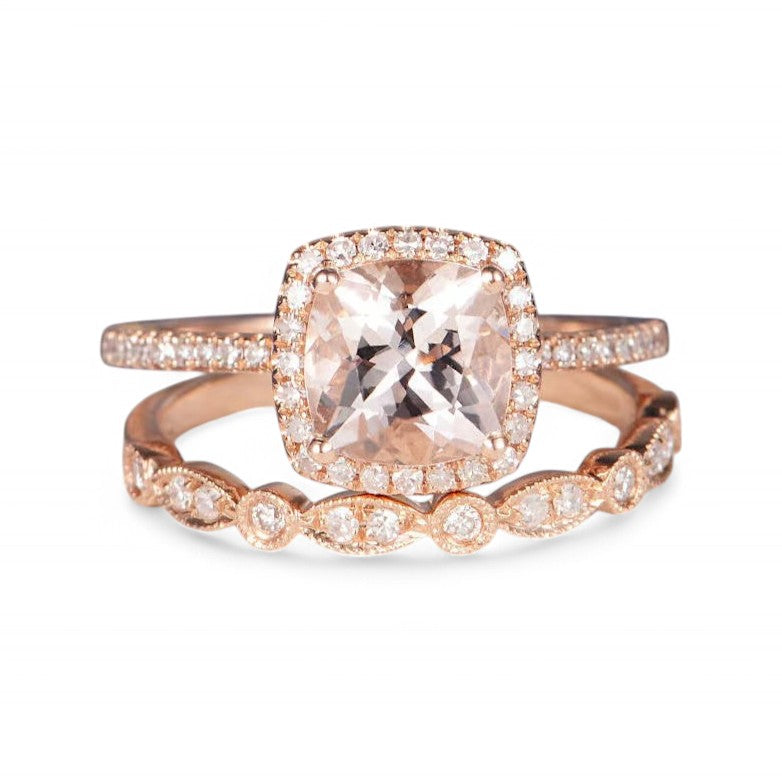 Cushion cut Morganite Bridal Ring Set