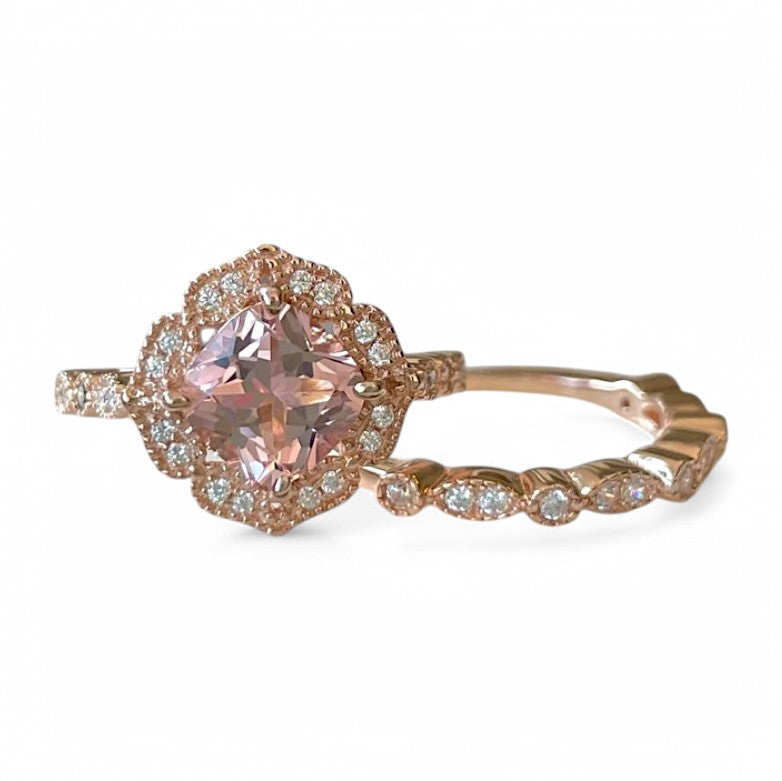 Vintage Round cut Morganite Ring Set - GEMPARA