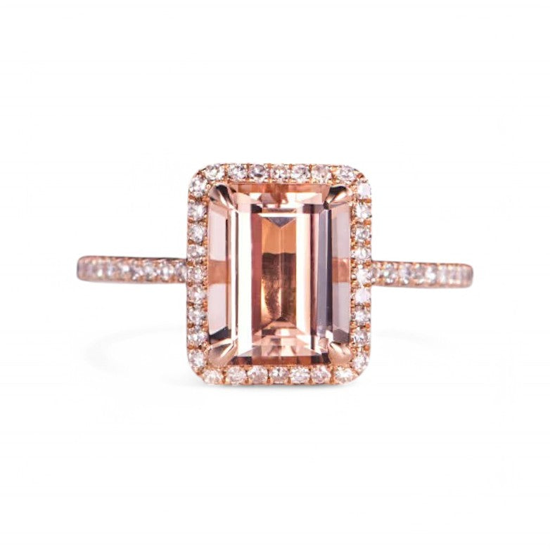 Rectangular Cushion Morganite Halo Engagement Ring - GEMPARA