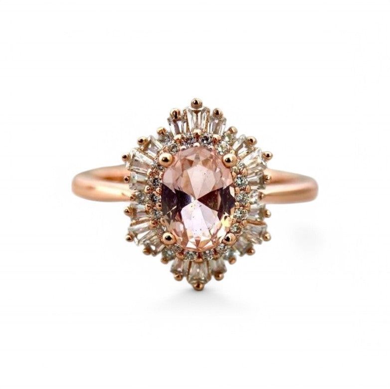 Oval cut Morganite Cluster Halo Engagement Ring - GEMPARA