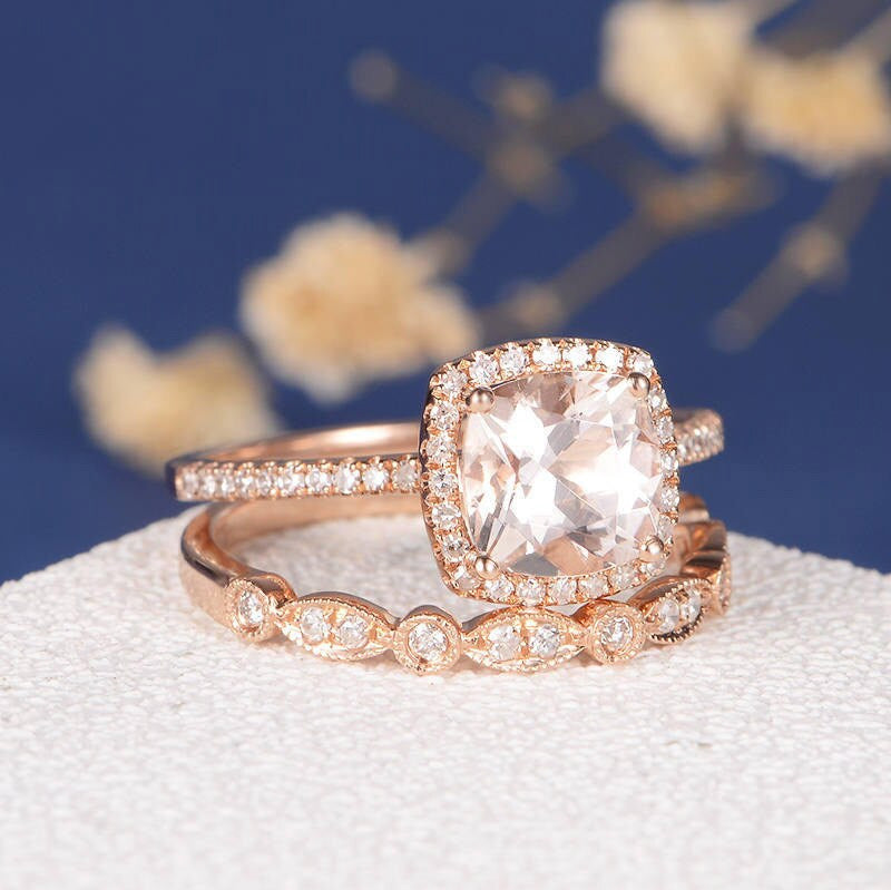 Cushion cut Morganite Bridal Ring Set