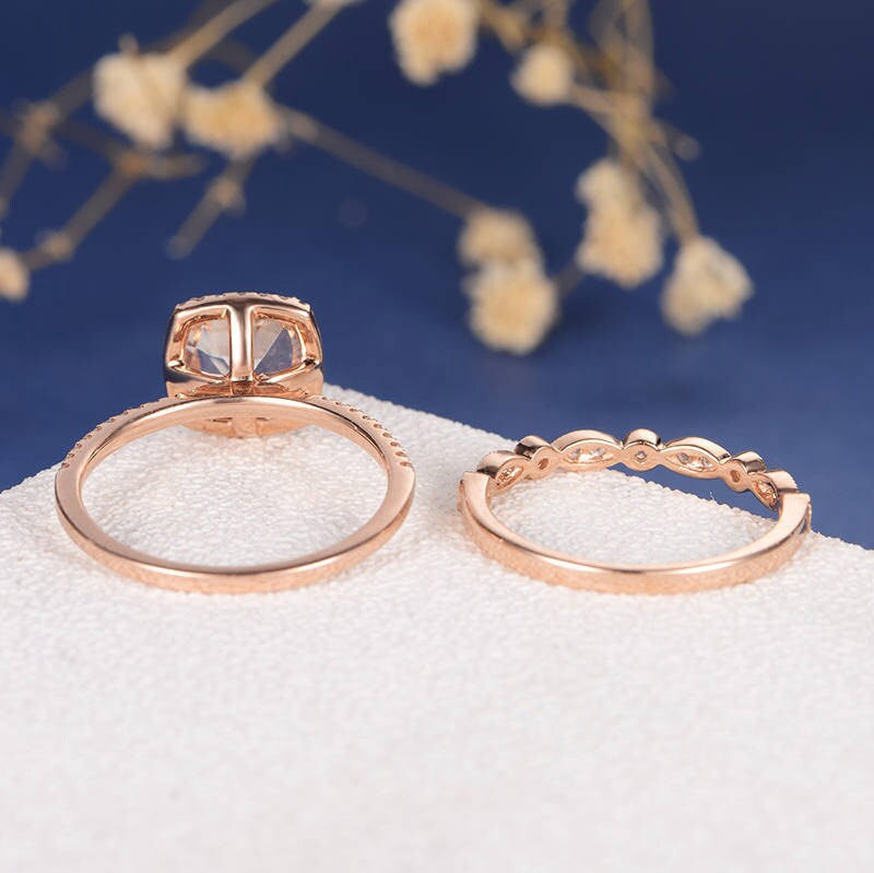 Cushion cut Morganite Bridal Ring Set - GEMPARA