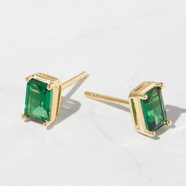 Lab Emerald Baguette cut Elongated Studs - GEMPARA