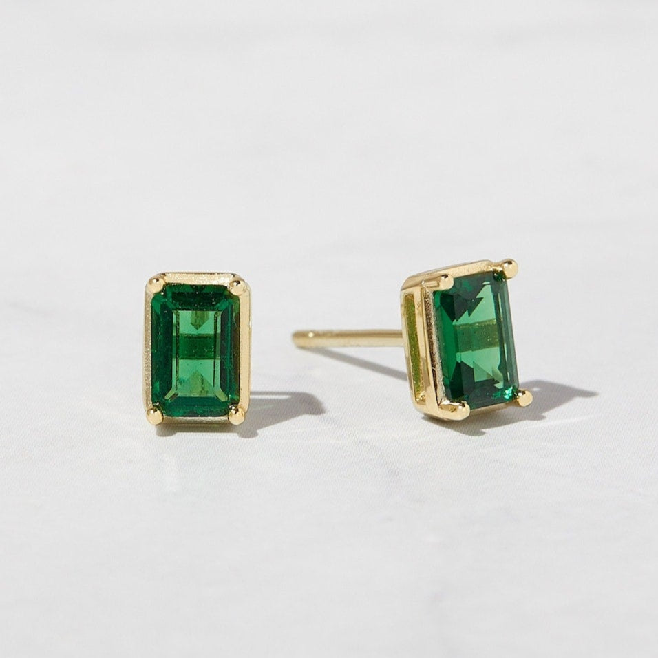 Lab Emerald Baguette cut Elongated Studs - GEMPARA