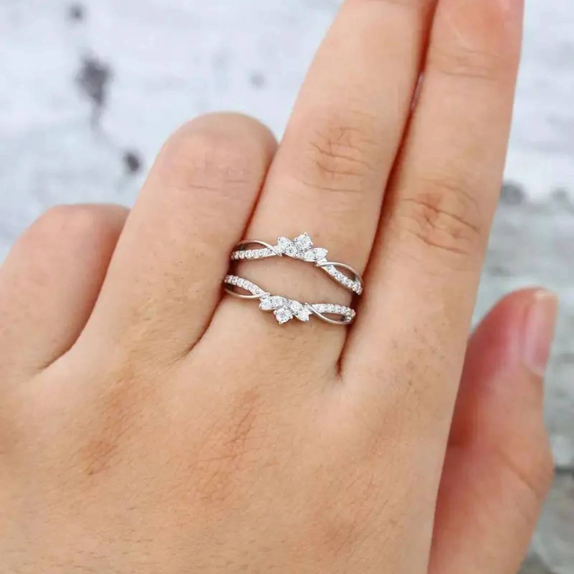 925 sterling silver Vintage Moissanite Double Curved Wedding Stacking Band - GEMPARA