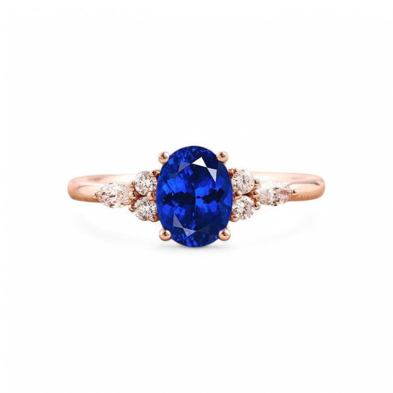 1CT Solitaire Oval Tanzanite  Ring with Diamonds - GEMPARA