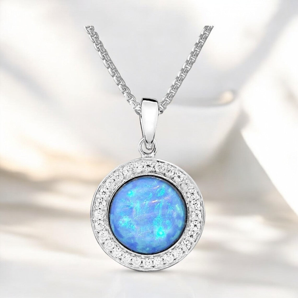 2CT Round Halo Opal Solitaire Pendant Necklace - GEMPARA